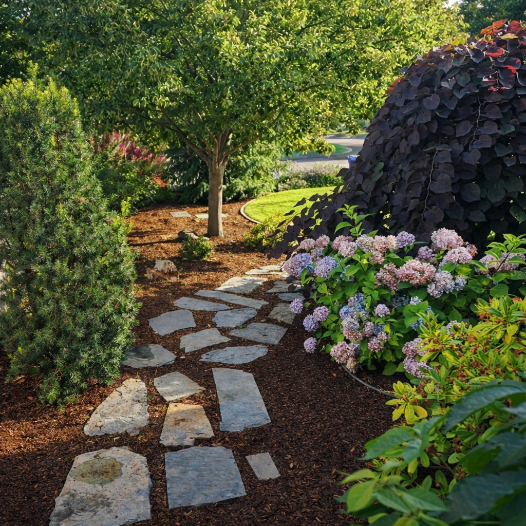 Landscaped garden path with flowering shrubs and stonework